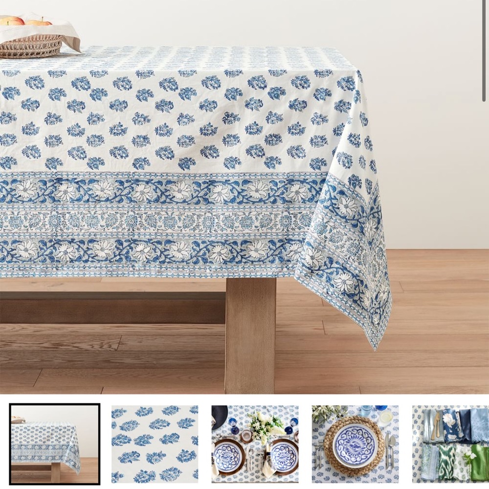 Pottery Barn Sophia Block Print Floral Cotton Tablecloth - Blue - NWT